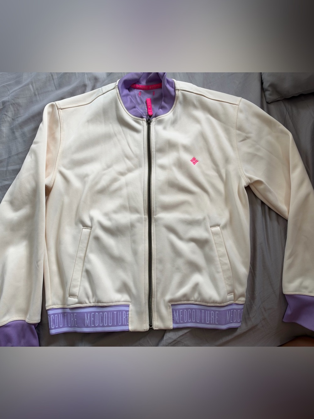 Med Couture Cream Bomber Jacket with Lavender Trim and Pink Accent